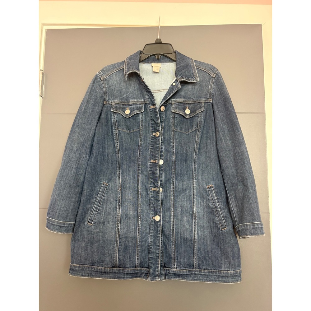 Chicos Denim Jacket Womens 1 Medium Wash Stretch Longline Trucker Blue Size 8/10